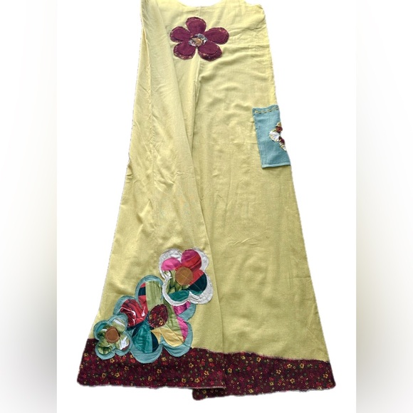 Boho Mustard Linen Jumpsuit S/M | Handmade Floral Patch Wide Leg Hippie Overall - Picture 15 of 15